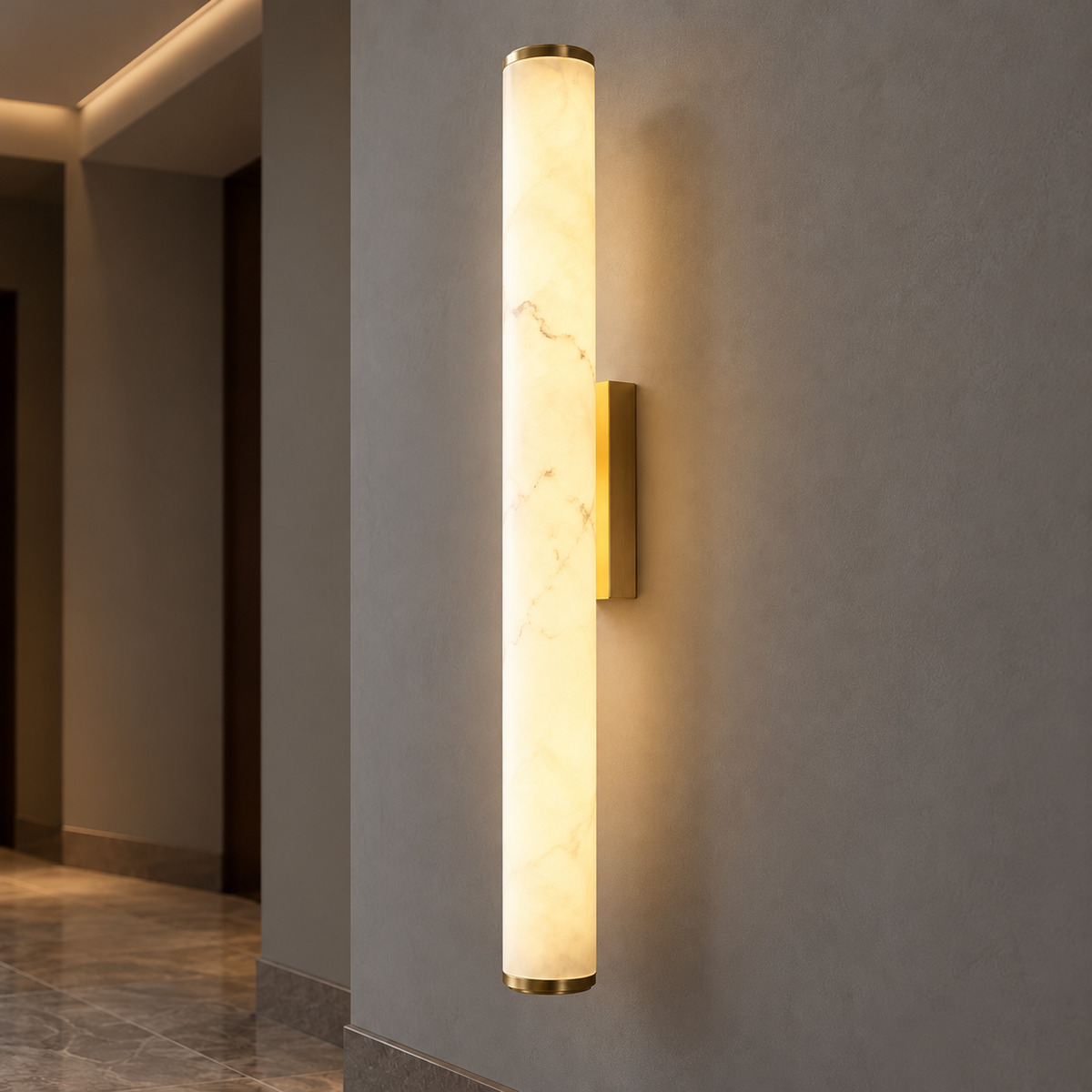 Faux-marble resin tube wall light with metal caps — commercial, Gold / Length 60 cm