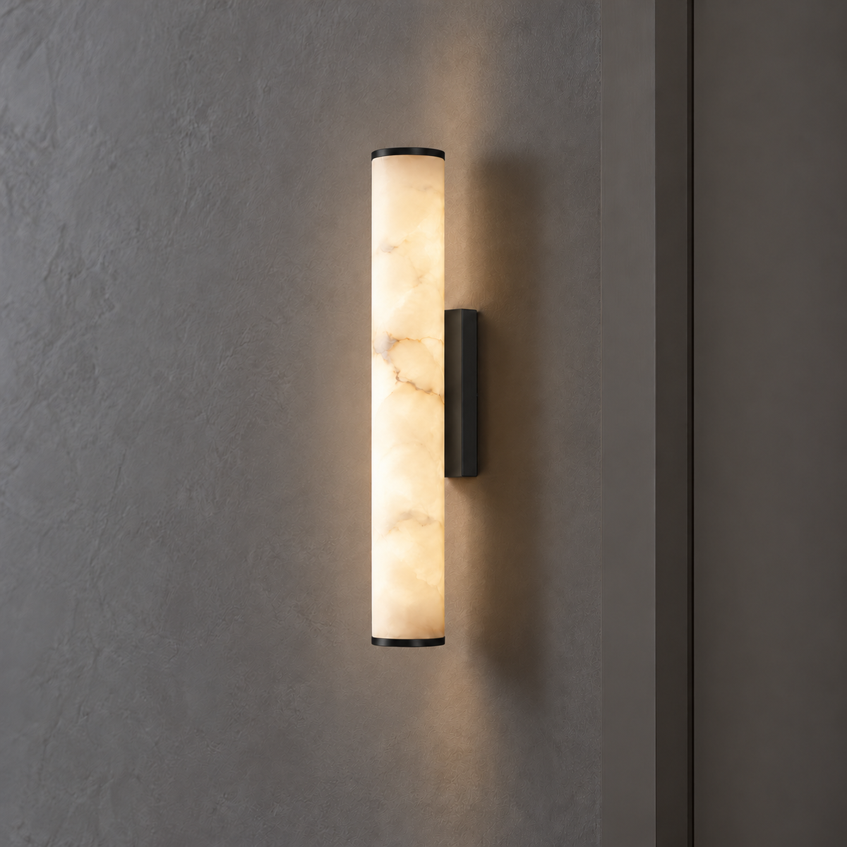 Faux-marble resin tube wall light with metal caps — commercial, Black / Length 40 cm