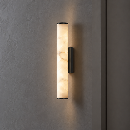 Faux-marble resin tube wall light with metal caps — commercial, Black / Length 40 cm