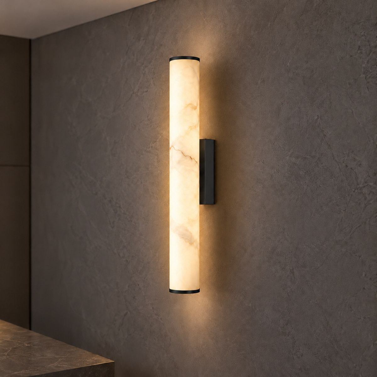 Faux-marble resin tube wall light with metal caps — commercial, Black / Length 50 cm
