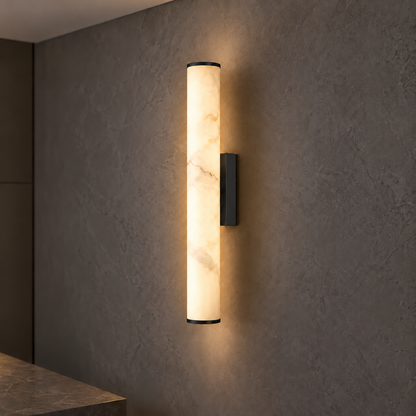 Faux-marble resin tube wall light with metal caps — commercial, Black / Length 50 cm