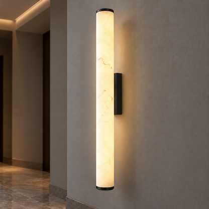 Faux-marble resin tube wall light with metal caps — commercial, Black / Length 60 cm