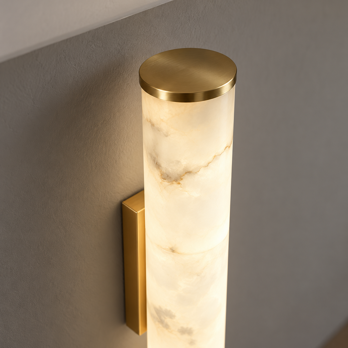 Faux-marble resin tube wall light with metal caps — detail, Gold / Length 50 cm