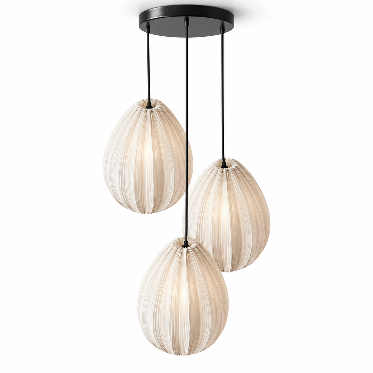 Pleated fabric pumpkin pendant in single or grouped styles — cover, triple_teardrop