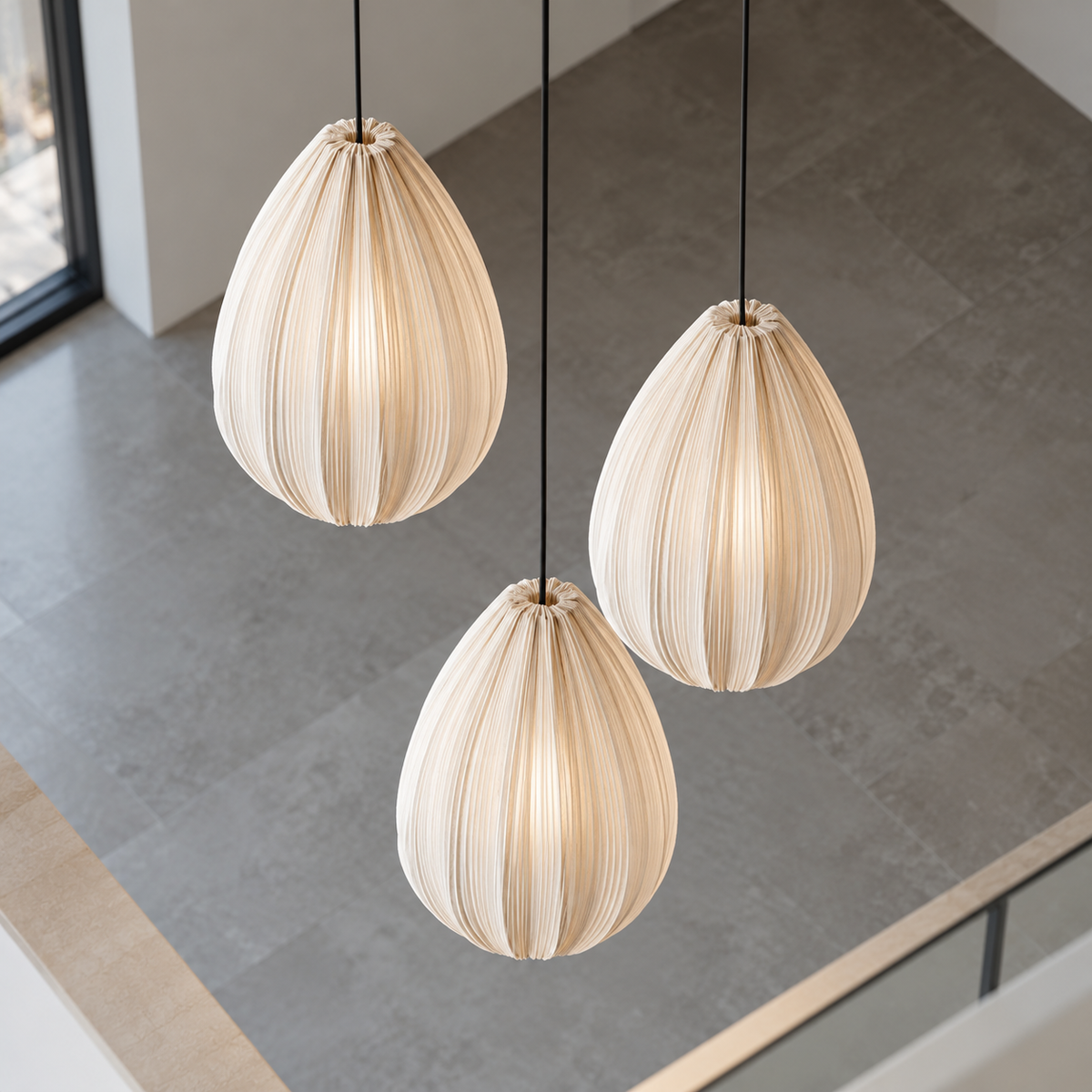 Pleated fabric pumpkin pendant in single or grouped styles — above mid, triple_teardrop