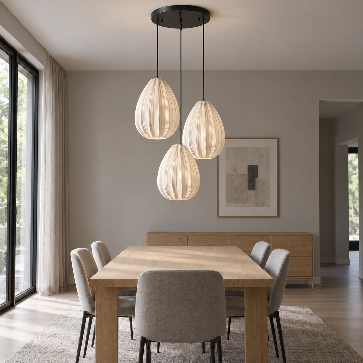 Pleated fabric pumpkin pendant in single or grouped styles — front side far, triple_teardrop