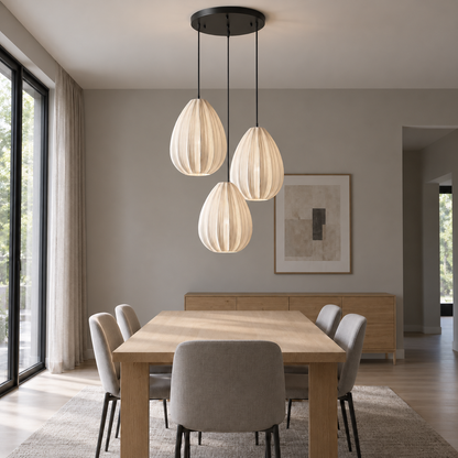 Pleated fabric pumpkin pendant in single or grouped styles — front side far, triple_teardrop