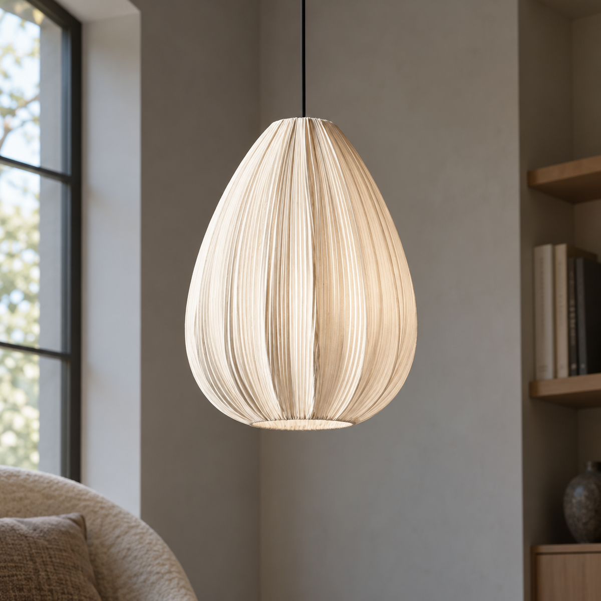 Pleated fabric pumpkin pendant in single or grouped styles — commercial, single_teardrop