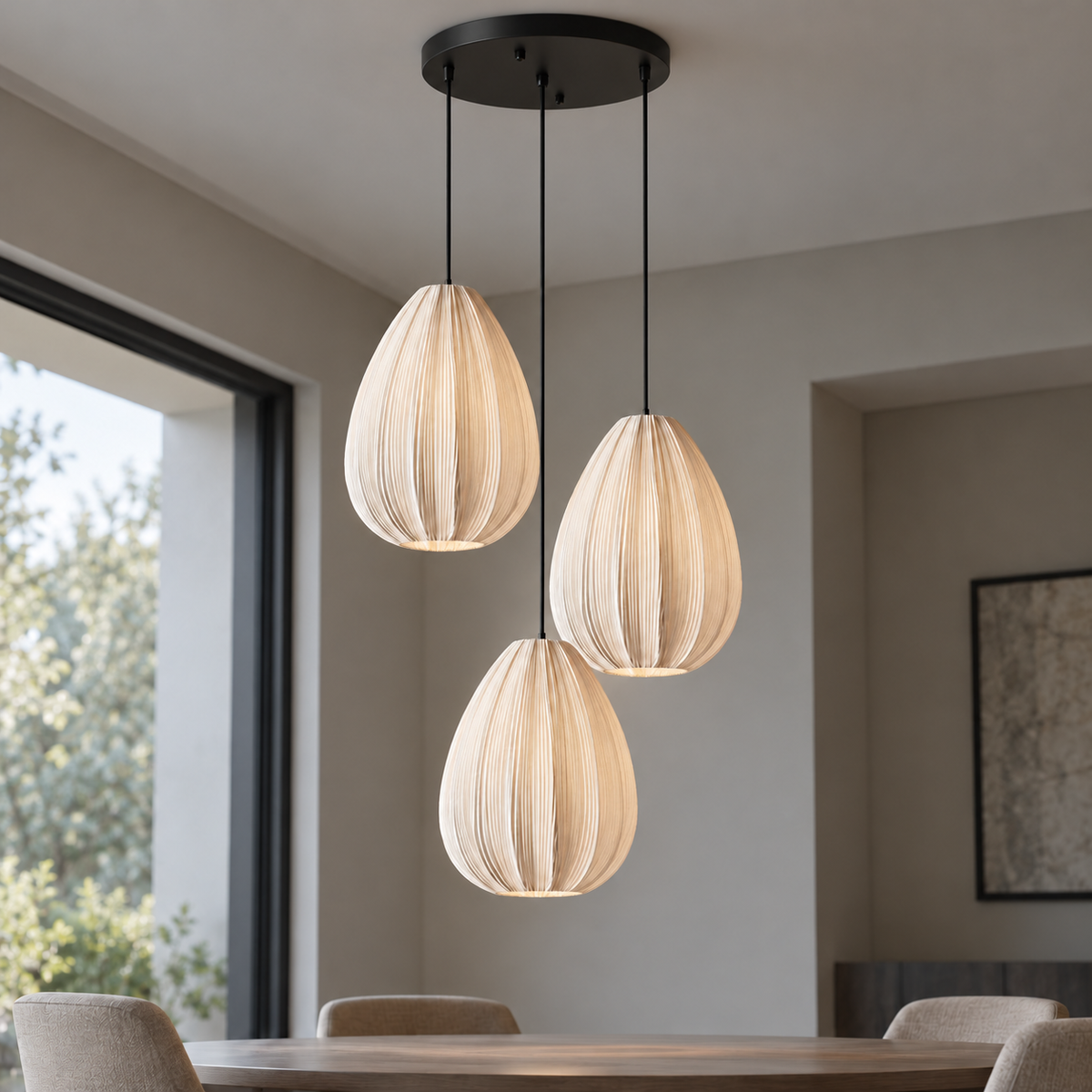 Pleated fabric pumpkin pendant in single or grouped styles — commercial, triple_teardrop