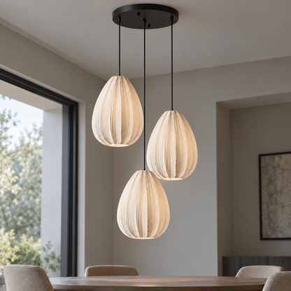 Pleated fabric pumpkin pendant in single or grouped styles — commercial, triple_teardrop