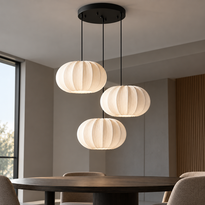 Pleated fabric pumpkin pendant in single or grouped styles — commercial, triple_round