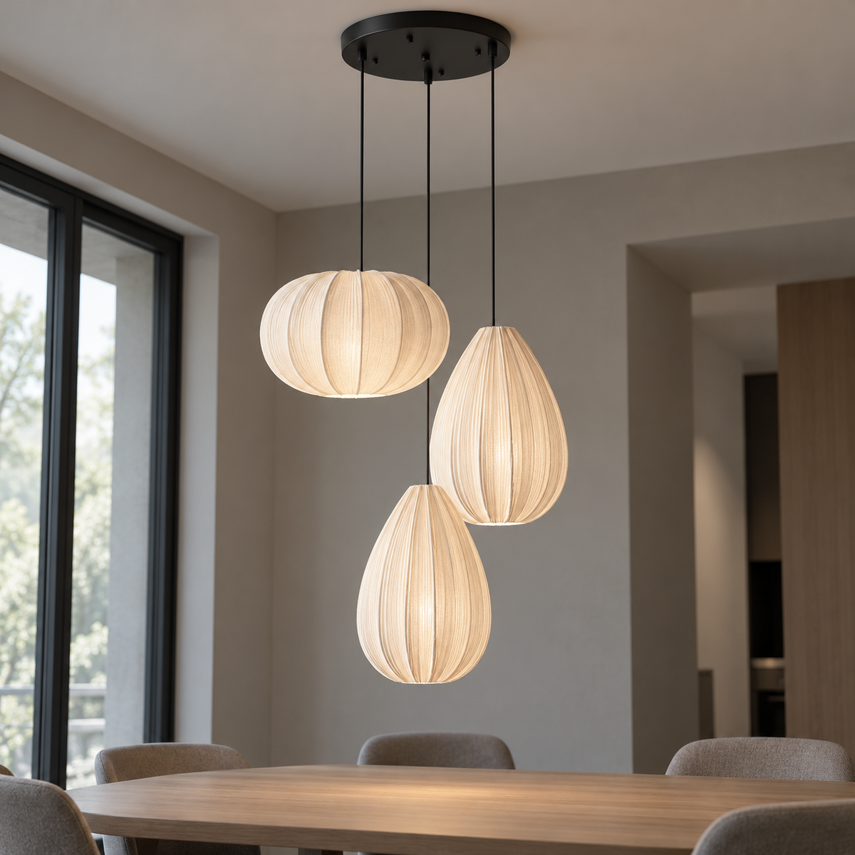 Pleated fabric pumpkin pendant in single or grouped styles — commercial, mixed_triple