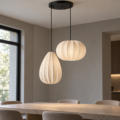 Pleated fabric pumpkin pendant in single or grouped styles — commercial, mixed_double