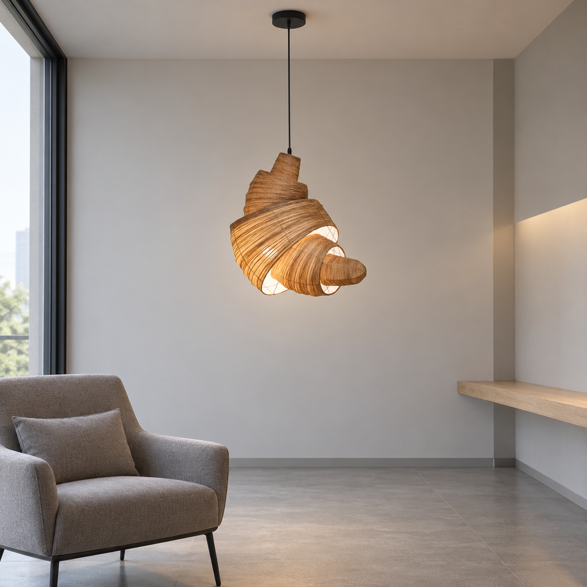 Croissant-shaped fabric pendant light — side far, coffee