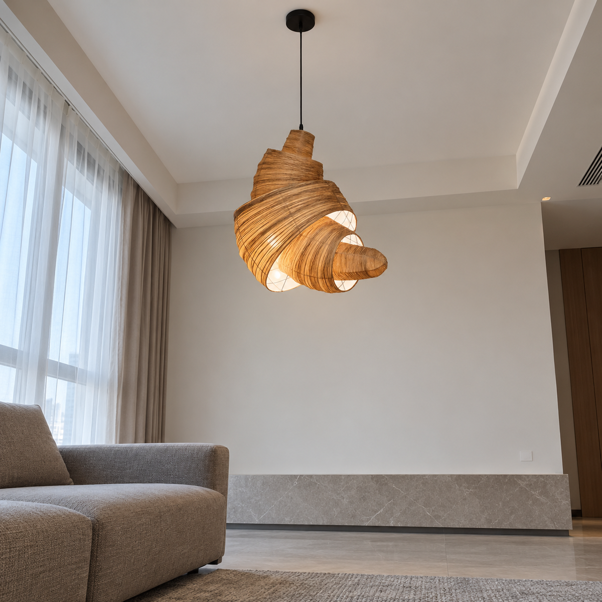 Croissant-shaped fabric pendant light — under distance, coffee