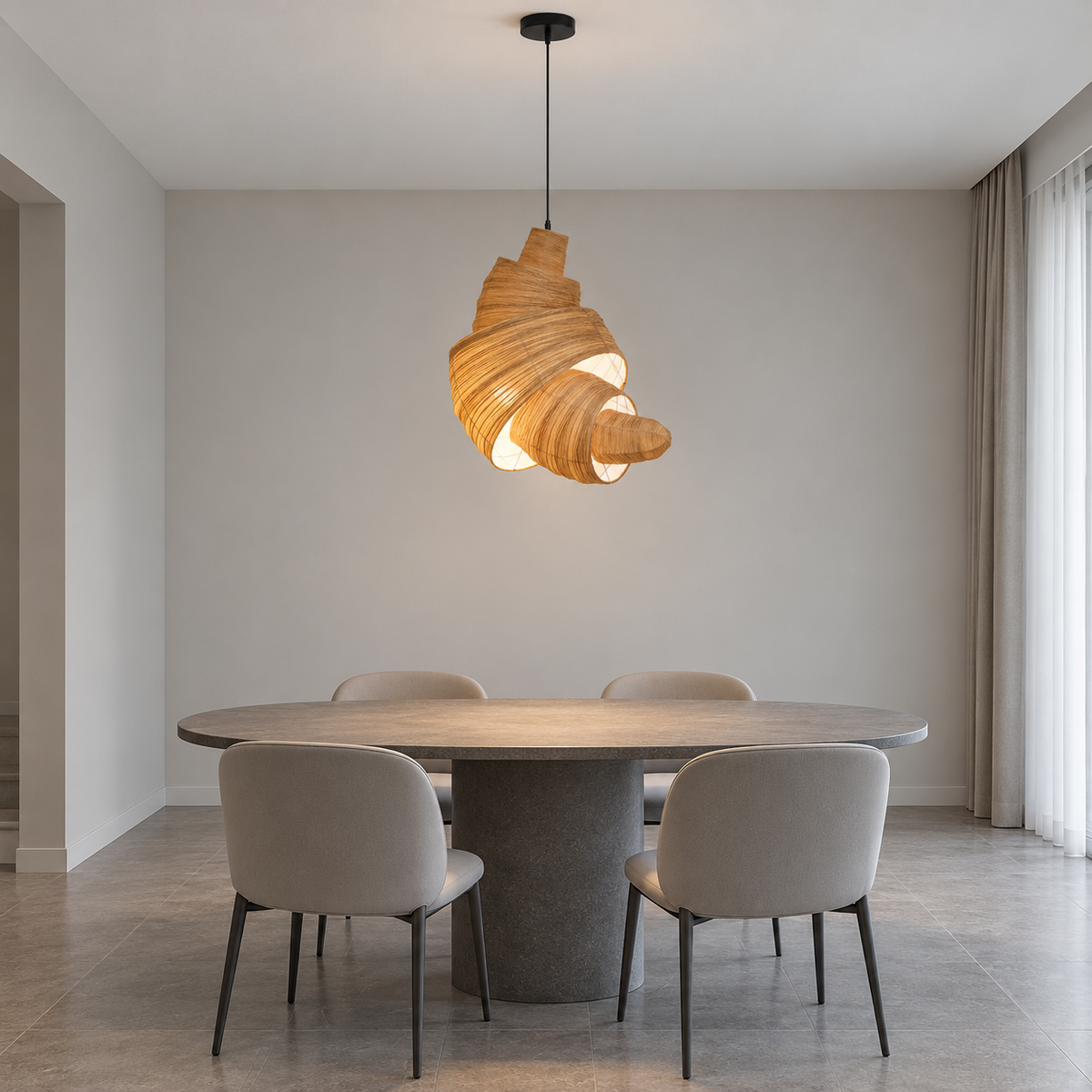 Croissant-shaped fabric pendant light — front side far, coffee