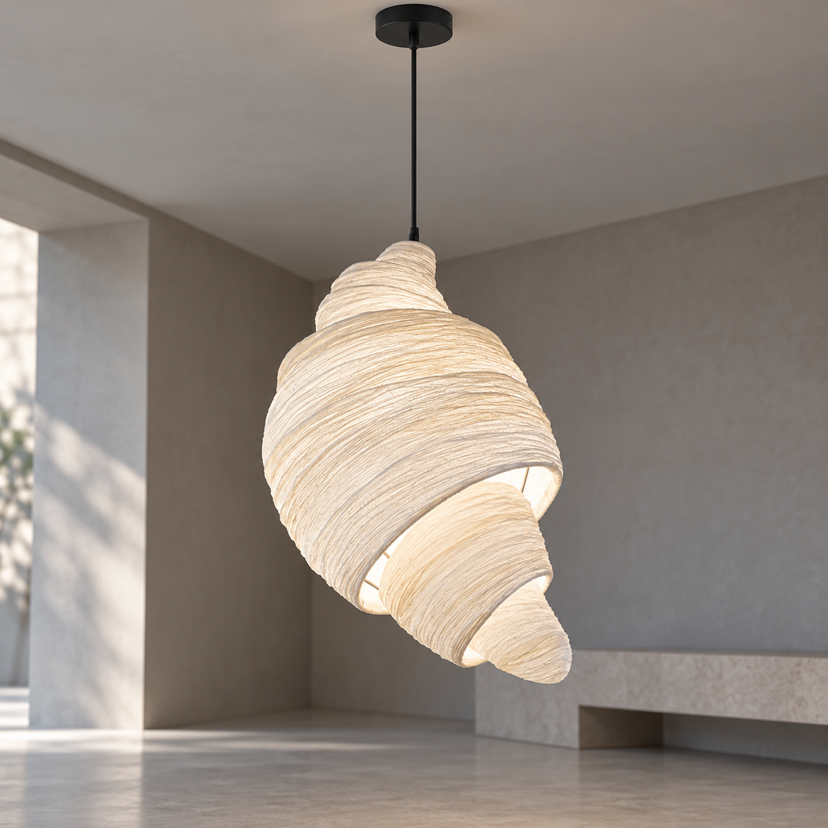 Croissant-shaped fabric pendant light — commercial, beige