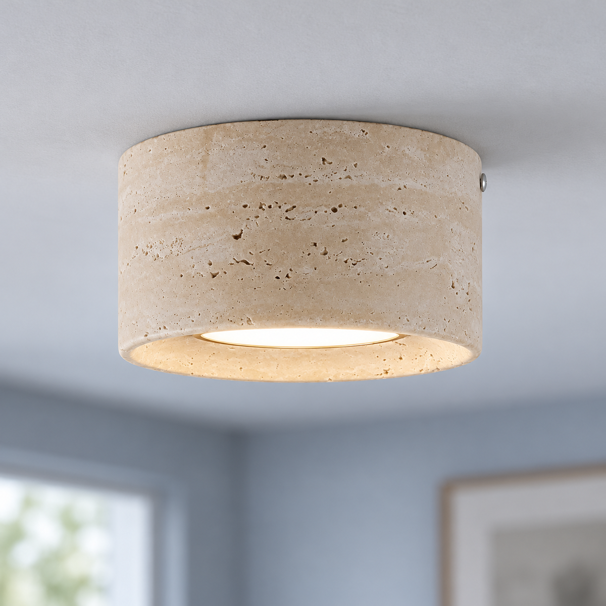 Textured cream drum ceiling light — highest feasible installed oblique view, standard