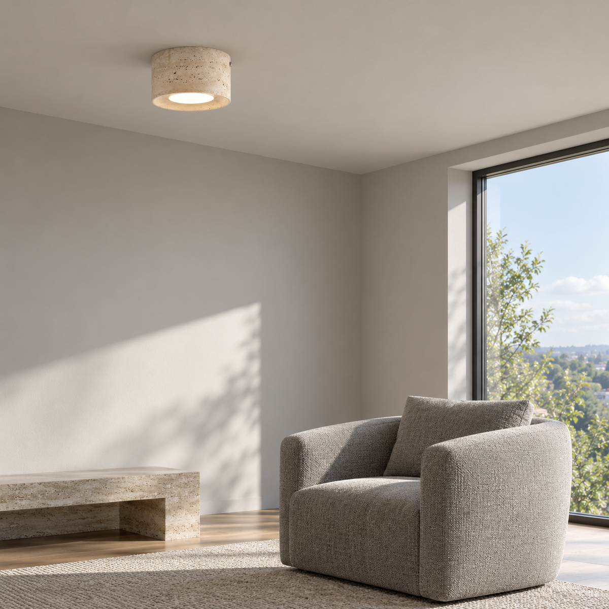 Textured cream drum ceiling light — side far, standard