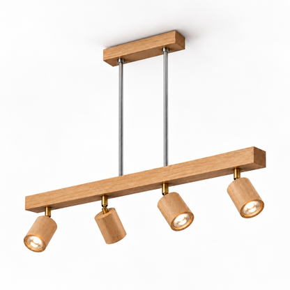 Wood pendant with pivoting spotlights — illuminated full-product catalog with wider framing