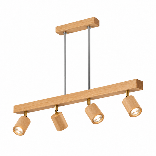 Wood pendant with pivoting spotlights — illuminated full-product catalog with wider framing