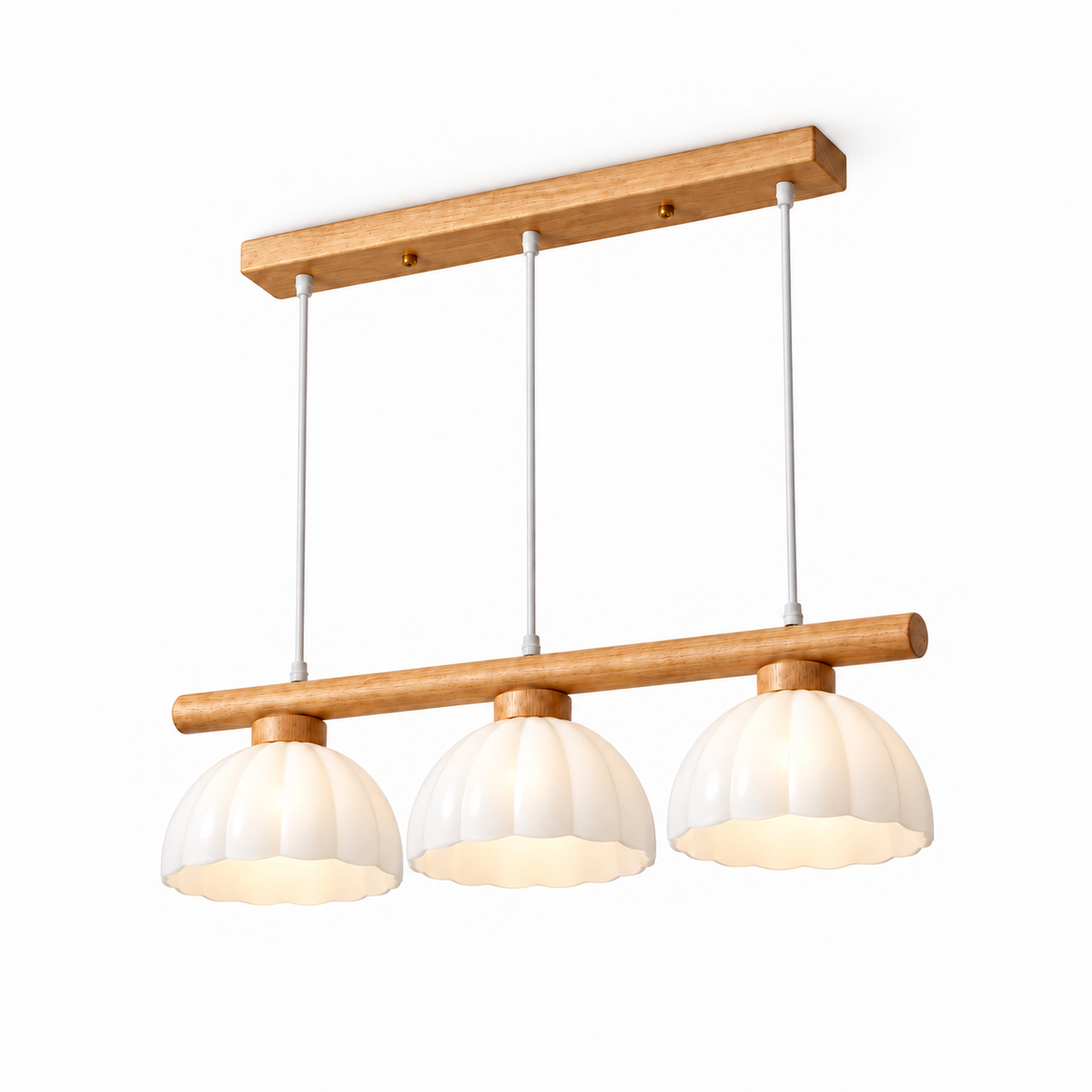 Solid wood pendant with three white glass domes — illuminated complete product with comfortable catalog margins