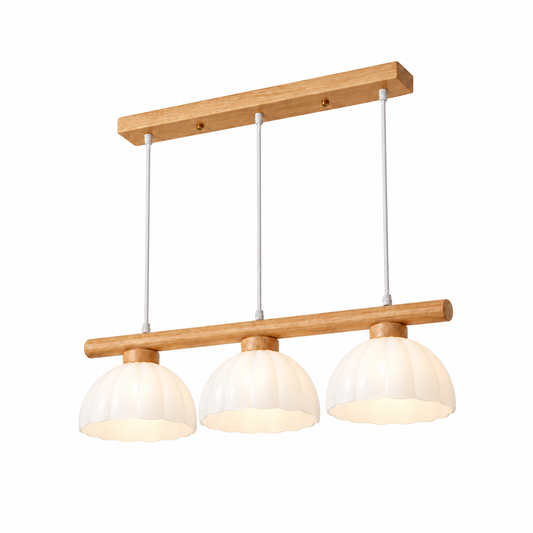Solid wood pendant with three white glass domes — illuminated complete product with comfortable catalog margins