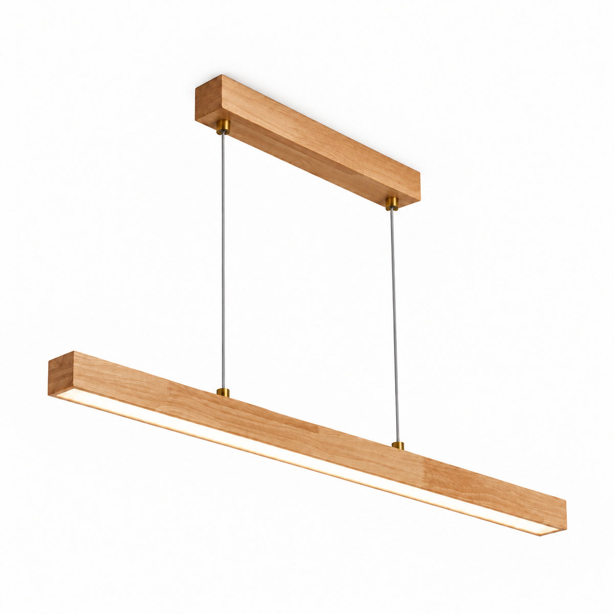 Slender rubberwood pendant for dining tables — illuminated full-product catalog with wider framing