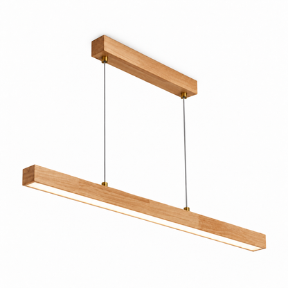 Slender rubberwood pendant for dining tables — illuminated full-product catalog with wider framing