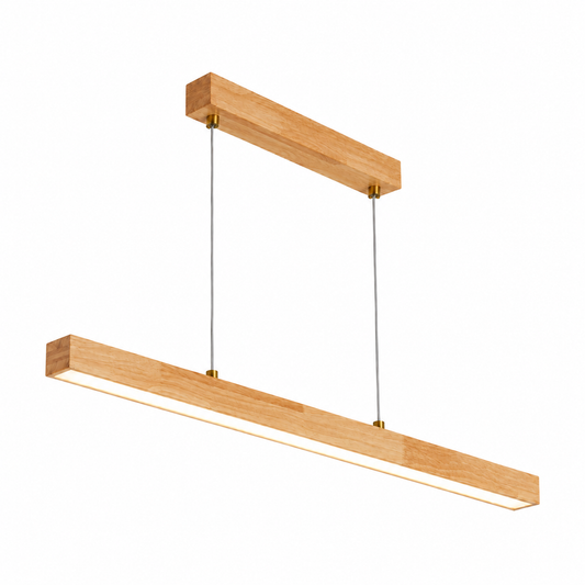 Slender rubberwood pendant for dining tables — illuminated full-product catalog with wider framing