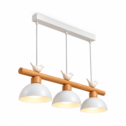 Woodland bird pendant with three dome shades — illuminated complete product with comfortable catalog margins