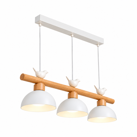 Woodland bird pendant with three dome shades — illuminated complete product with comfortable catalog margins