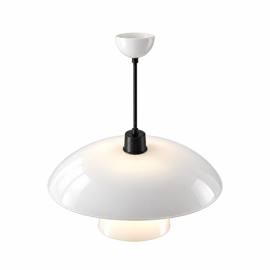 Sculpted opal glass pendant with a layered shade — illuminated complete product with comfortable catalog margins