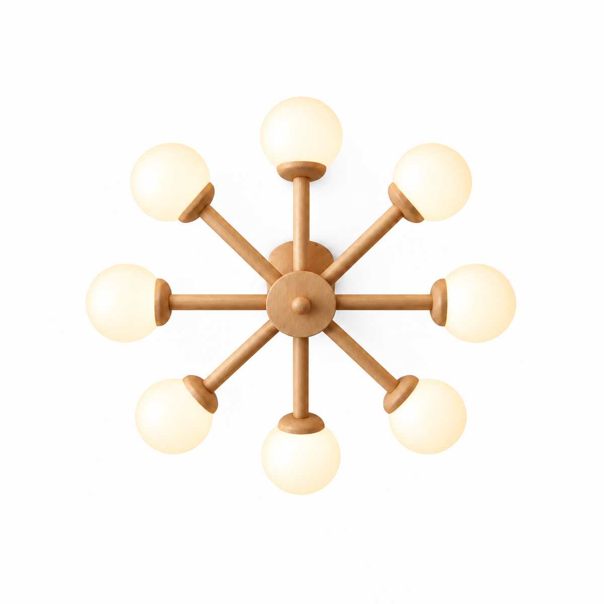 Branching wood ceiling light with frosted glass globes — Wood and white Style A, 8 globes, complete commercial product view, illuminated