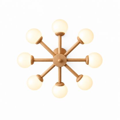 Branching wood ceiling light with frosted glass globes — Wood and white Style A, 8 globes, complete commercial product view, illuminated