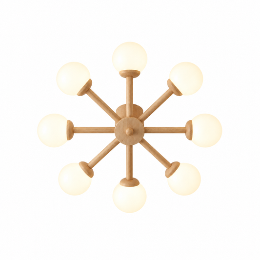 Branching wood ceiling light with frosted glass globes — Wood and white Style A, 8 globes, complete commercial product view, illuminated
