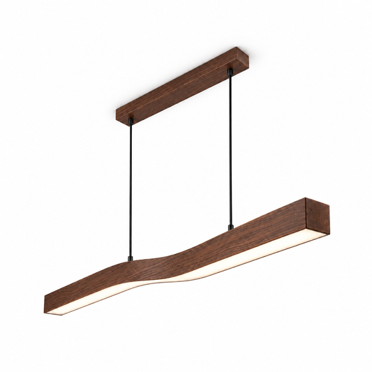 Flowing wave pendant in a warm wood effect finish — Brown wood effect 120 cm, complete commercial product view, illuminated
