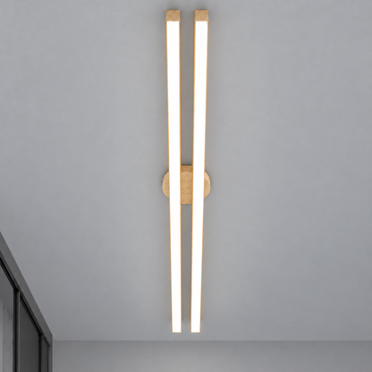 Geometric twin bar ceiling light in a wood effect finish — Light wood effect parallel bars 90 cm, axial underside view, illuminated