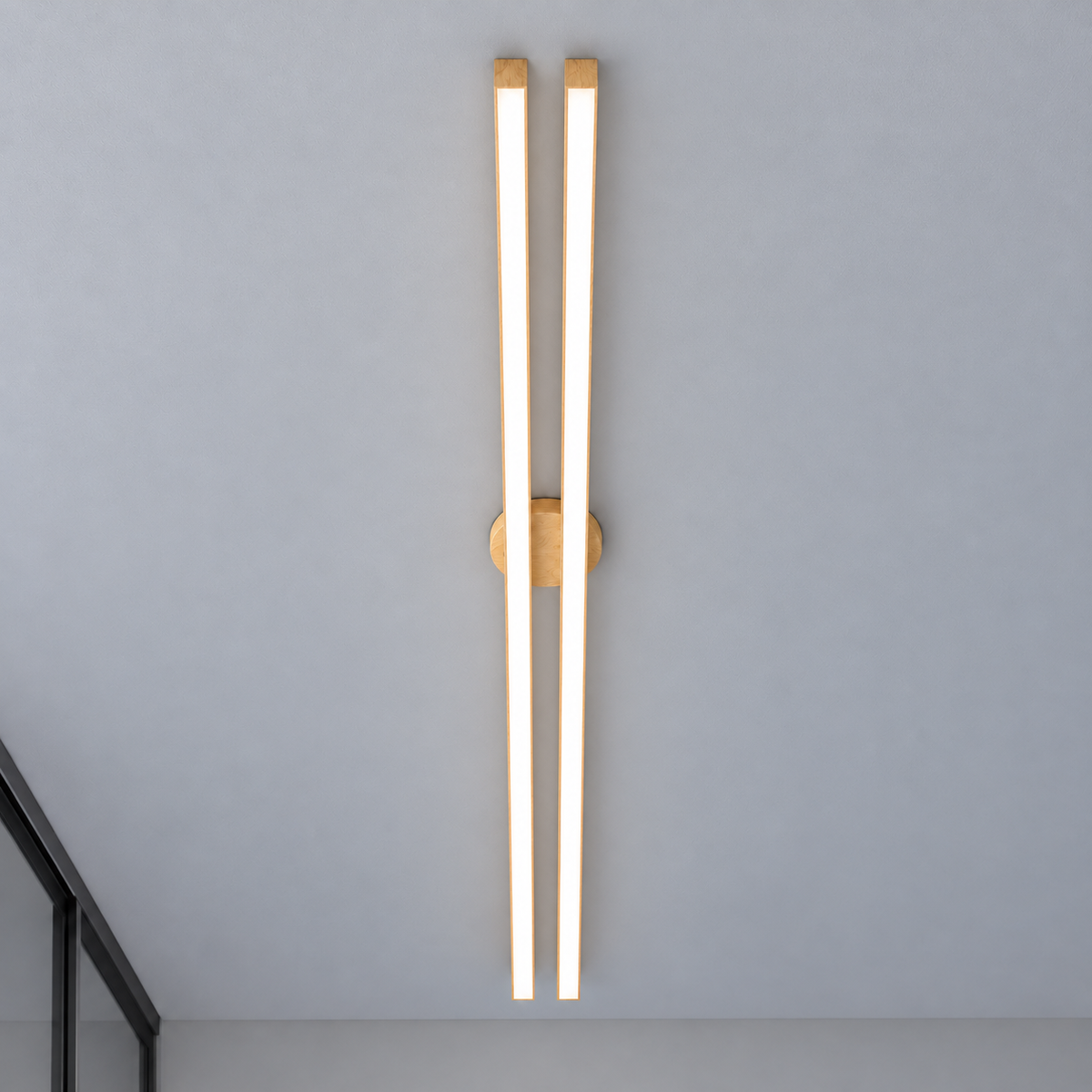 Geometric twin bar ceiling light in a wood effect finish — Light wood effect parallel bars 120 cm, axial underside view, illuminated