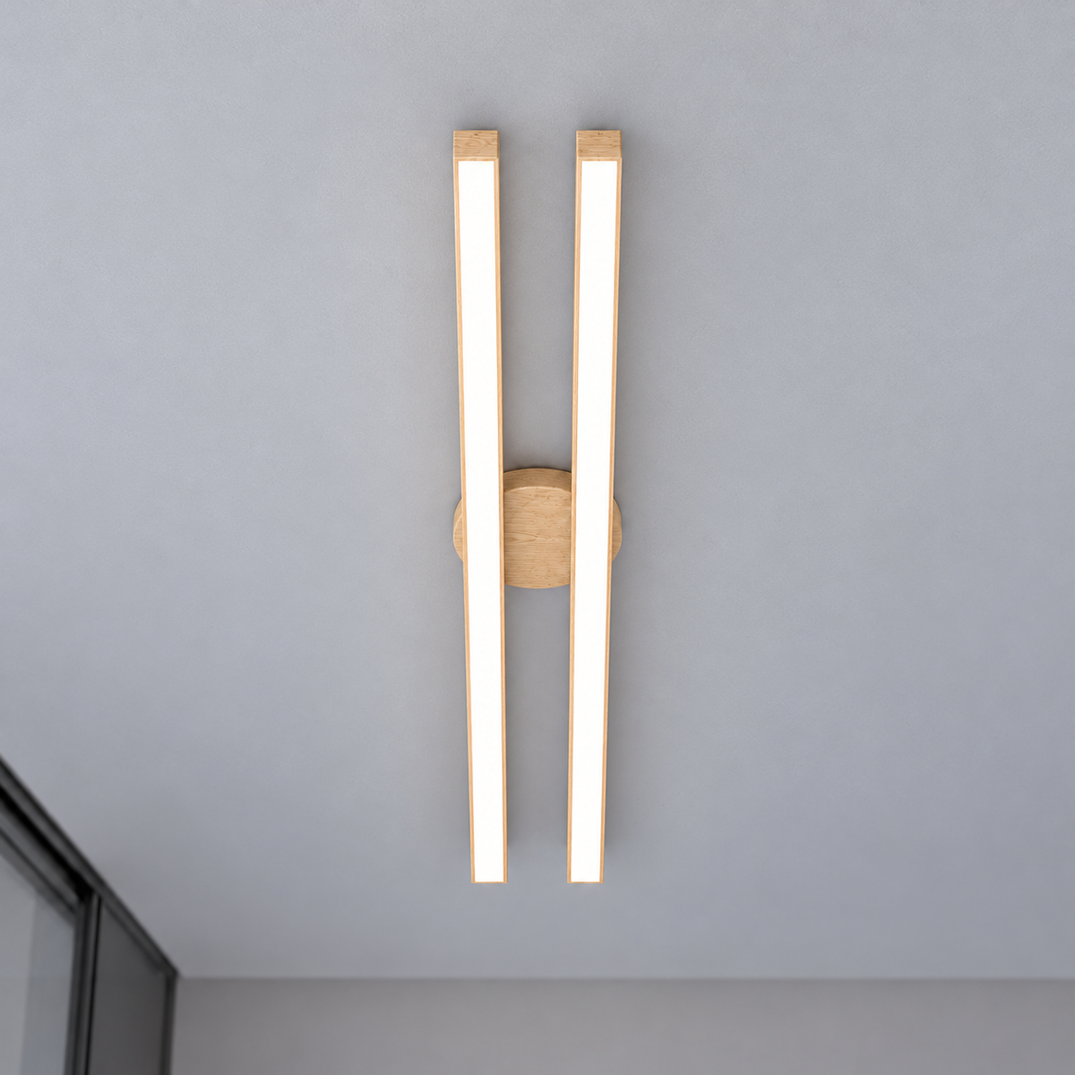 Geometric twin bar ceiling light in a wood effect finish — Light wood effect parallel bars 60 cm, axial underside view, illuminated