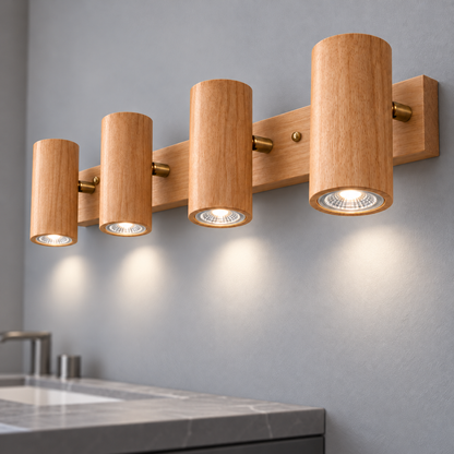 Rubberwood cylinder spotlights for walls and ceilings — Beige 4 lights, new end view, illuminated