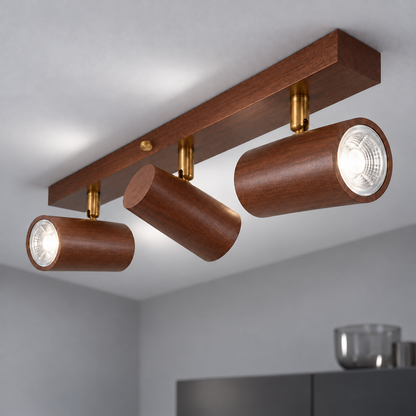 Rubberwood cylinder spotlights for walls and ceilings — Walnut 3 lights, new end view, illuminated