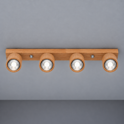 Wood ceiling bar with pivoting spotlights — Wood beige 4 lights, axial underside view, illuminated