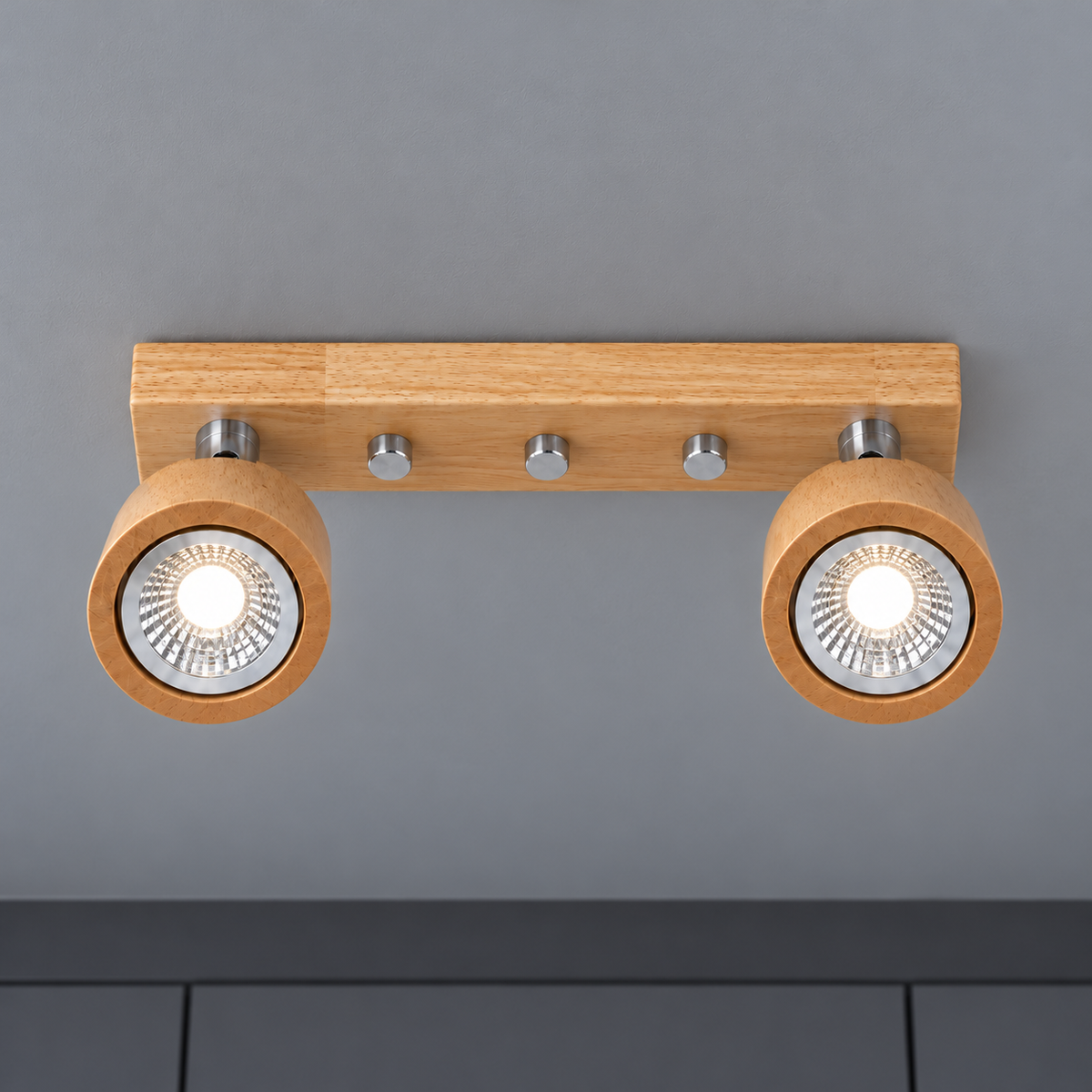 Wood ceiling bar with pivoting spotlights — Wood beige 2 lights, axial underside view, illuminated