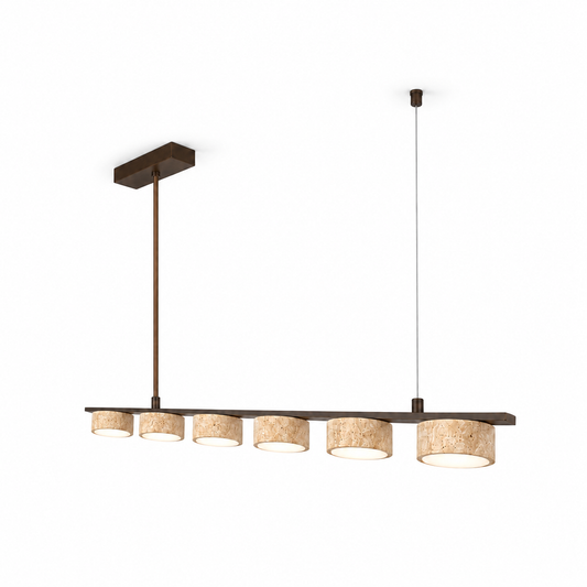 Natural stone pendant with six cylindrical shades — Beige stone 120 cm, complete commercial product view, illuminated