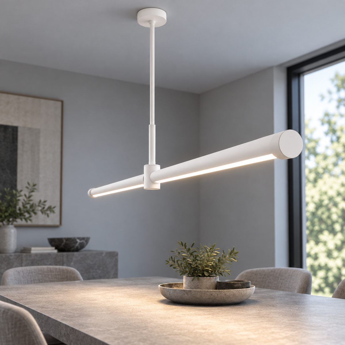 Sleek aluminium pendant with an adjustable stem — White 100 cm, new end view, illuminated