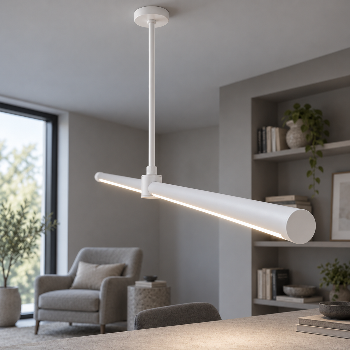 Sleek aluminium pendant with an adjustable stem — White 80 cm, new end view, illuminated