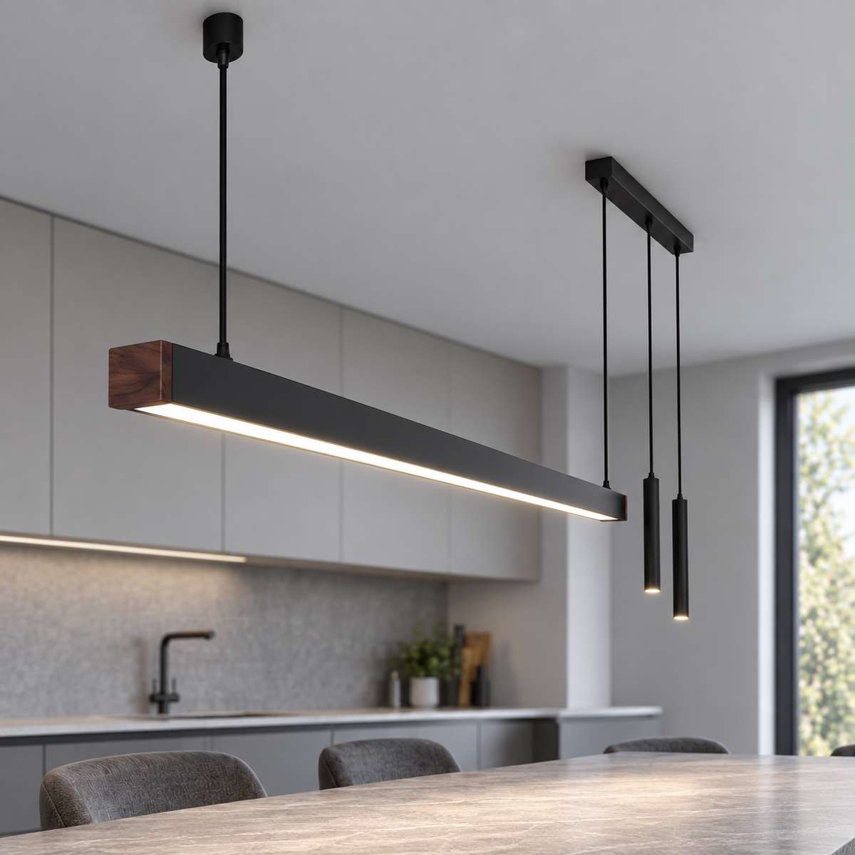 Asymmetric black pendant with twin suspended spotlights — Black 147 cm, new end view, illuminated