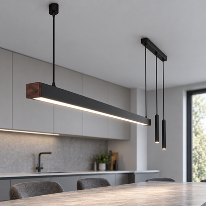 Asymmetric black pendant with twin suspended spotlights — Black 147 cm, new end view, illuminated