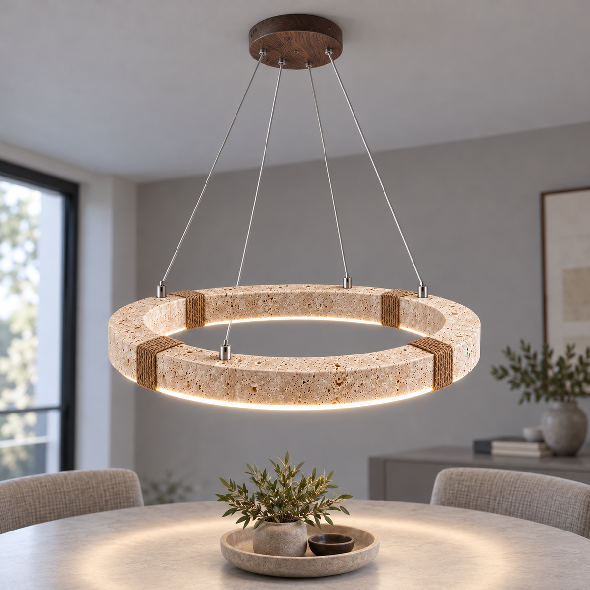 Textured travertine ring pendant with rope detailing — Dark wood grain 50 cm, complete installed upper view, illuminated